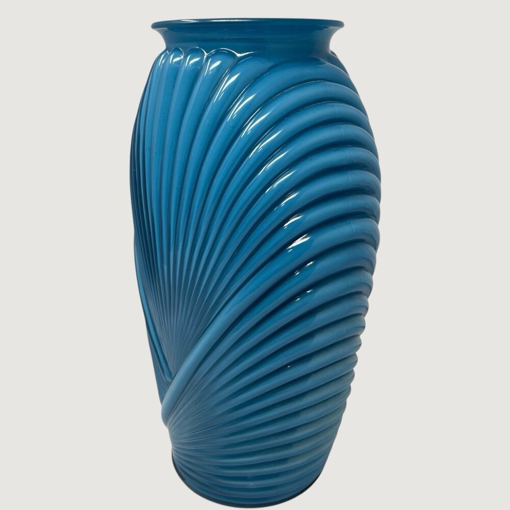 Teal Ribbed Glass Vase Art Deco Style 1990s Sculptural Statement Decor - Picture 4 of 6